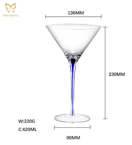 Blue stemmed crystal cocktail martini glass supplier